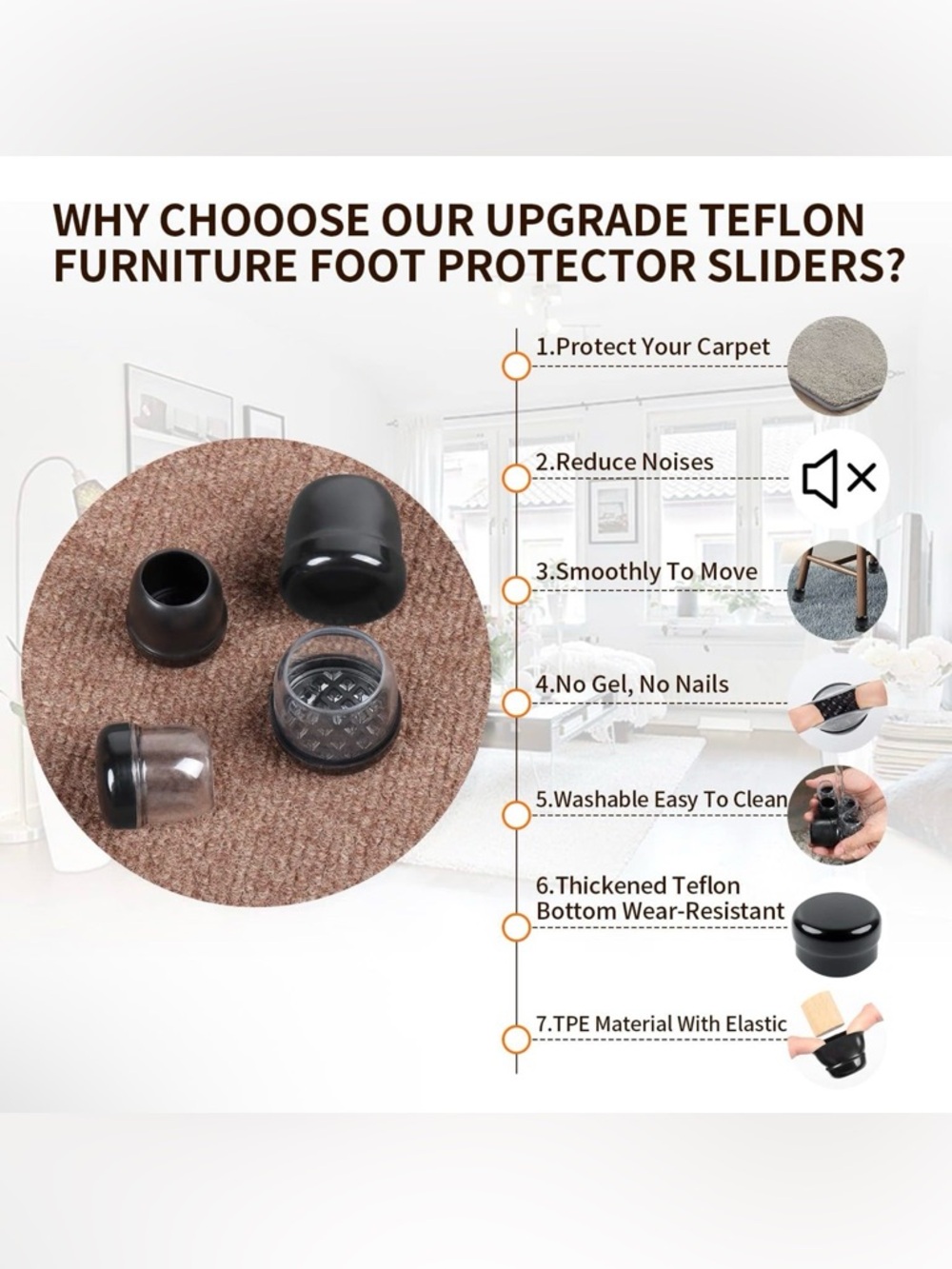 Clear Silicone Chair Leg Protector Sliders with Black Caps (24 Pc) - NWTO - Picture 6 of 9